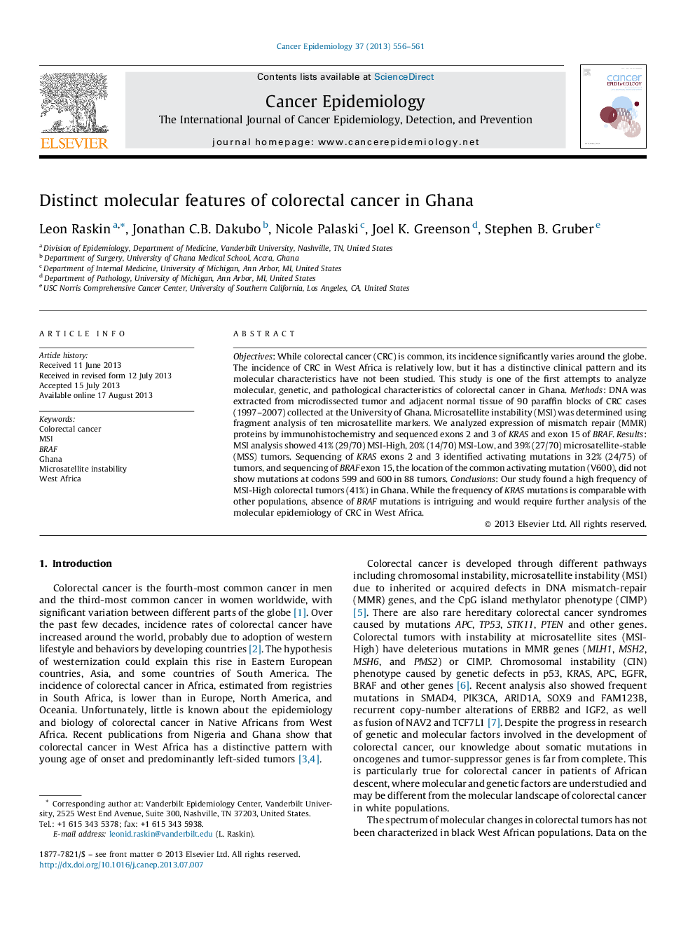 Distinct molecular features of colorectal cancer in Ghana