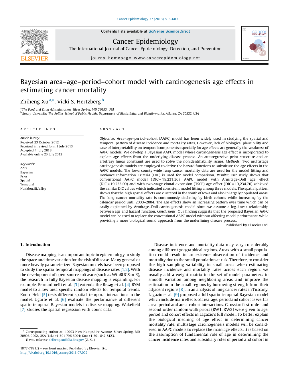 Bayesian area–age–period–cohort model with carcinogenesis age effects in estimating cancer mortality