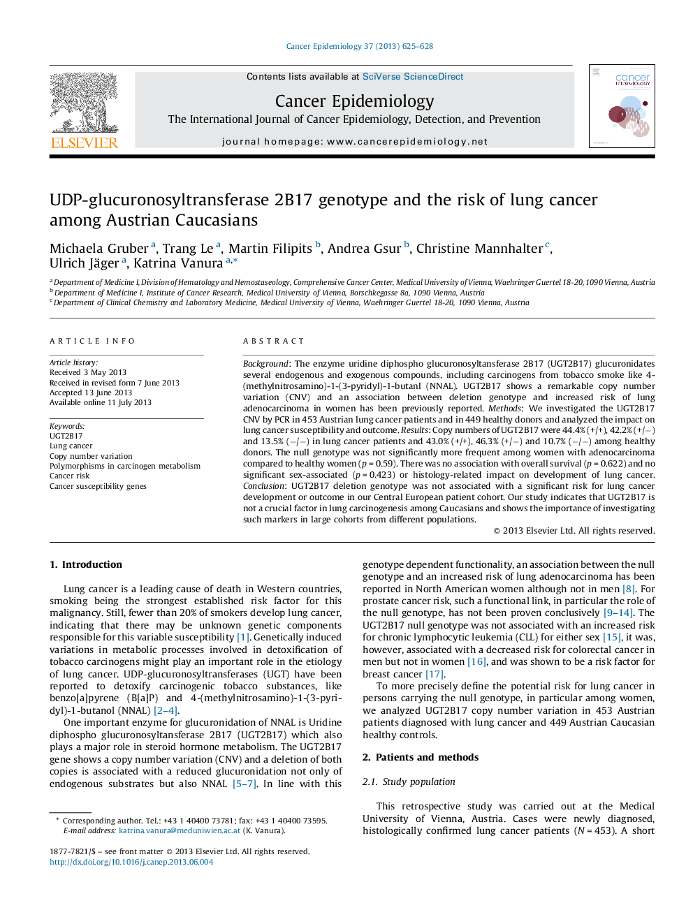 UDP-glucuronosyltransferase 2B17 genotype and the risk of lung cancer among Austrian Caucasians