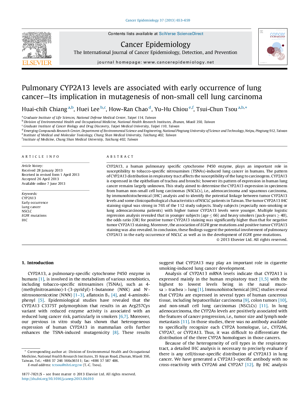 Pulmonary CYP2A13 levels are associated with early occurrence of lung cancer—Its implication in mutagenesis of non-small cell lung carcinoma