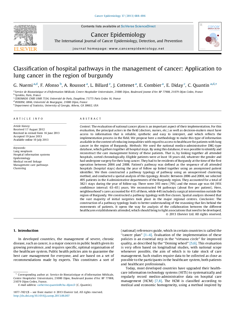 Classification of hospital pathways in the management of cancer: Application to lung cancer in the region of burgundy