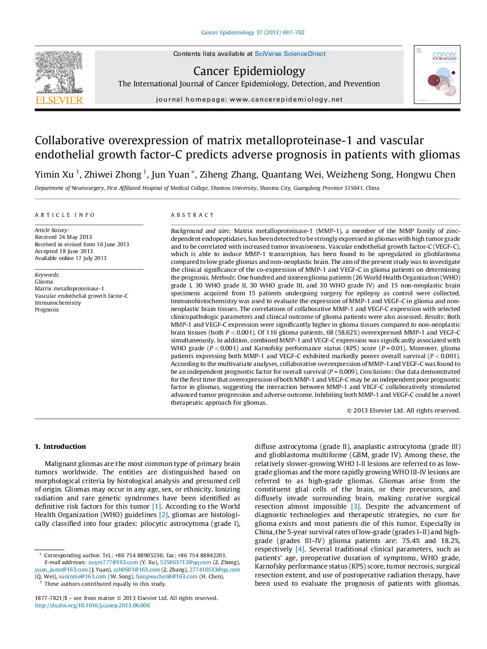 Collaborative overexpression of matrix metalloproteinase-1 and vascular endothelial growth factor-C predicts adverse prognosis in patients with gliomas