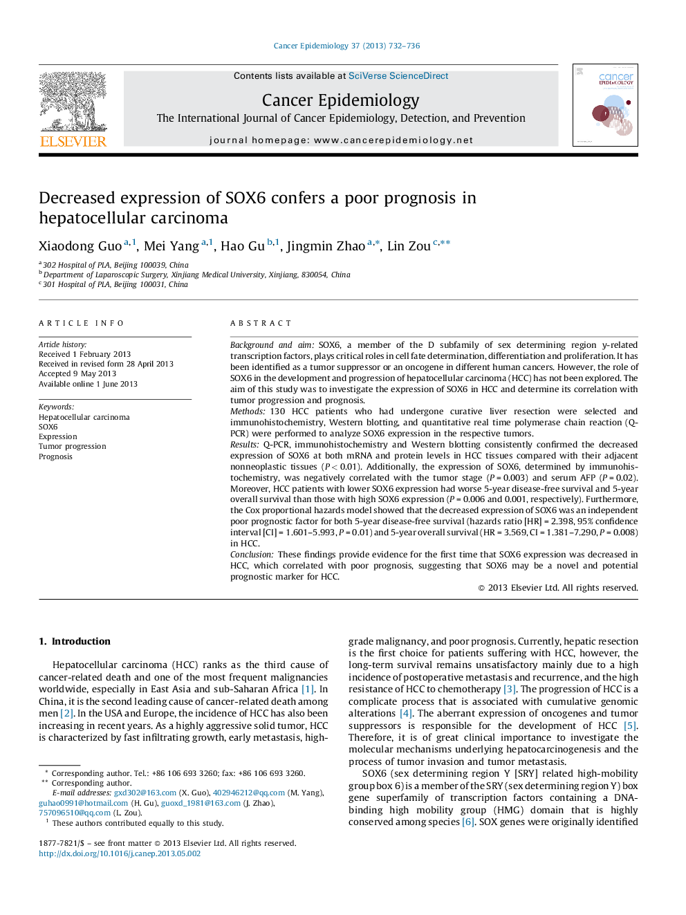 Decreased expression of SOX6 confers a poor prognosis in hepatocellular carcinoma