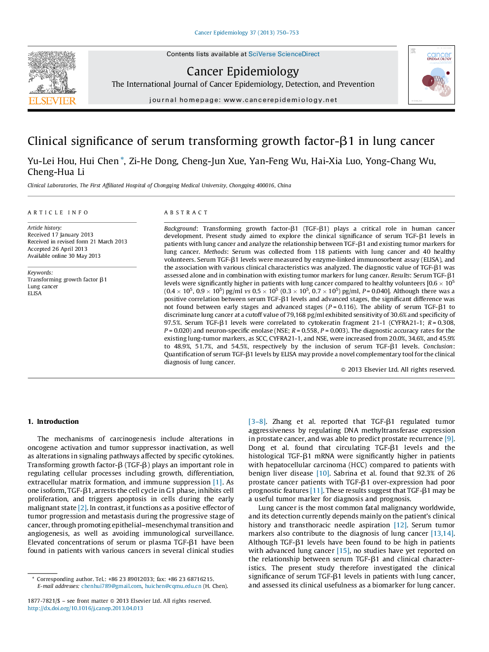 Clinical significance of serum transforming growth factor-β1 in lung cancer