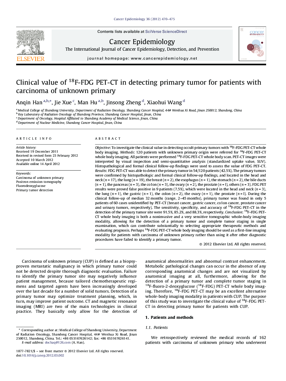 Clinical value of 18F-FDG PET-CT in detecting primary tumor for patients with carcinoma of unknown primary