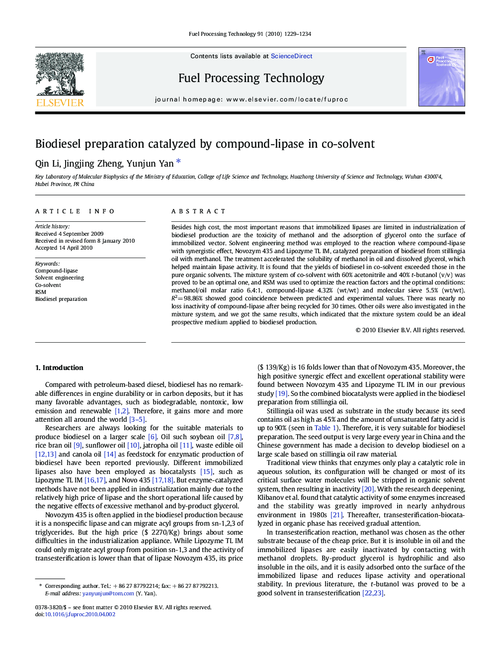 Biodiesel preparation catalyzed by compound-lipase in co-solvent