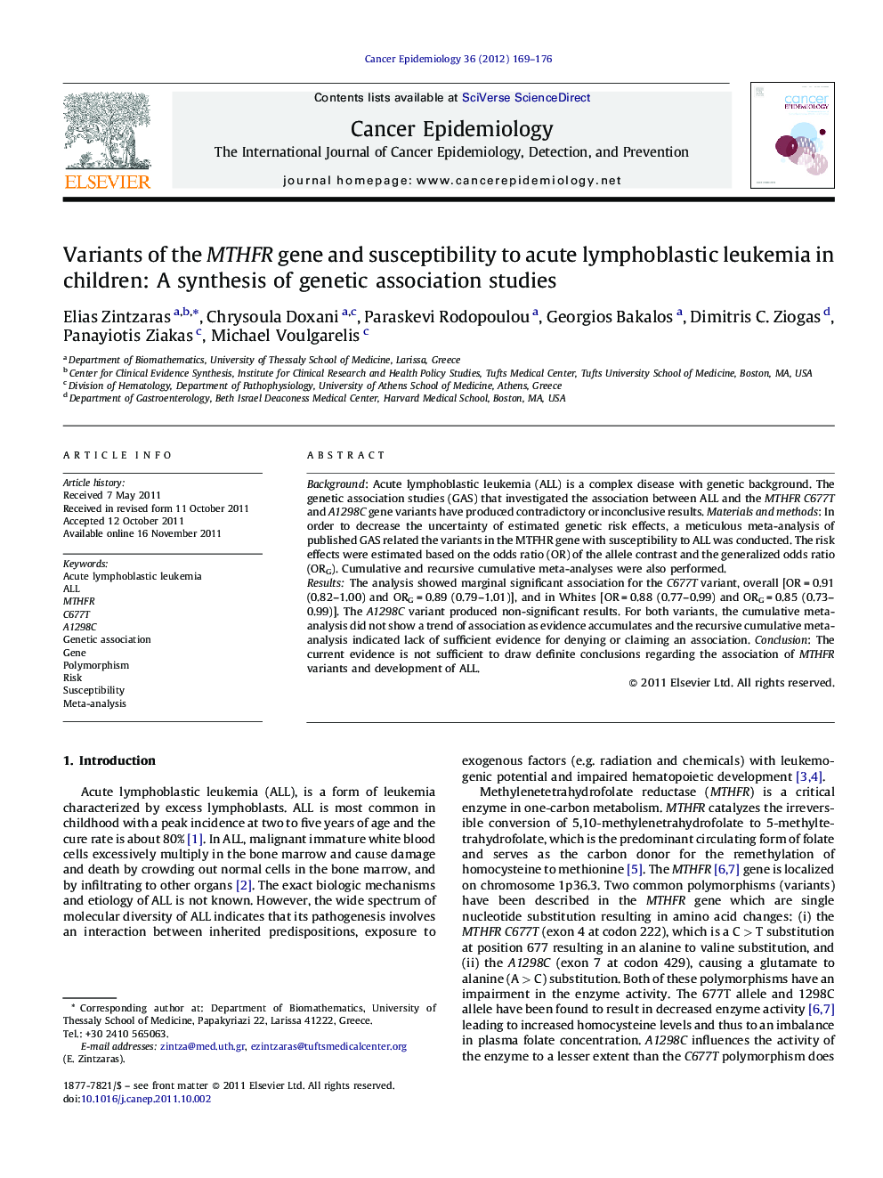 Variants of the MTHFR gene and susceptibility to acute lymphoblastic leukemia in children: A synthesis of genetic association studies