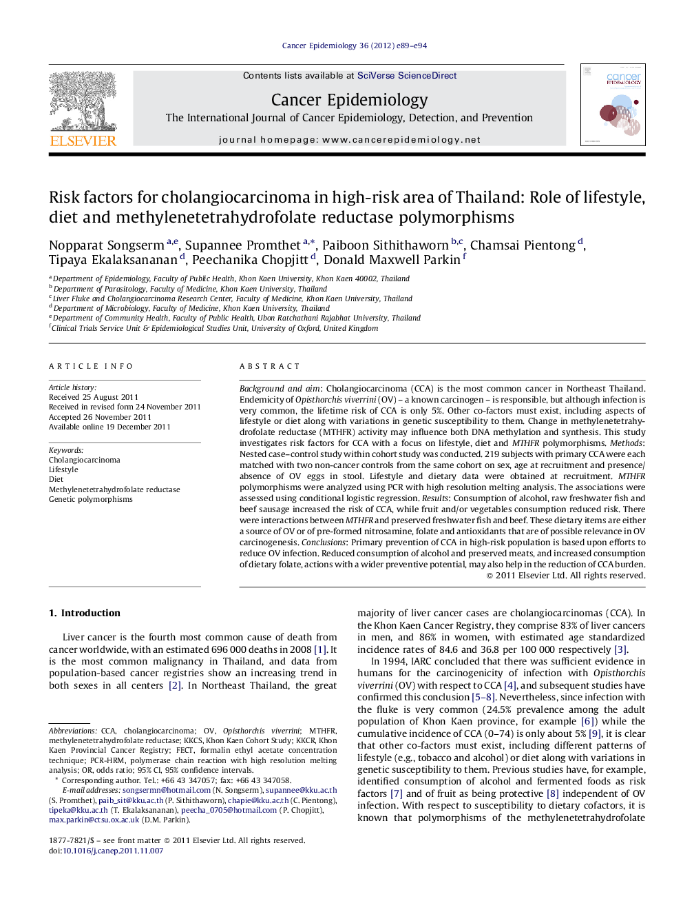 Risk factors for cholangiocarcinoma in high-risk area of Thailand: Role of lifestyle, diet and methylenetetrahydrofolate reductase polymorphisms