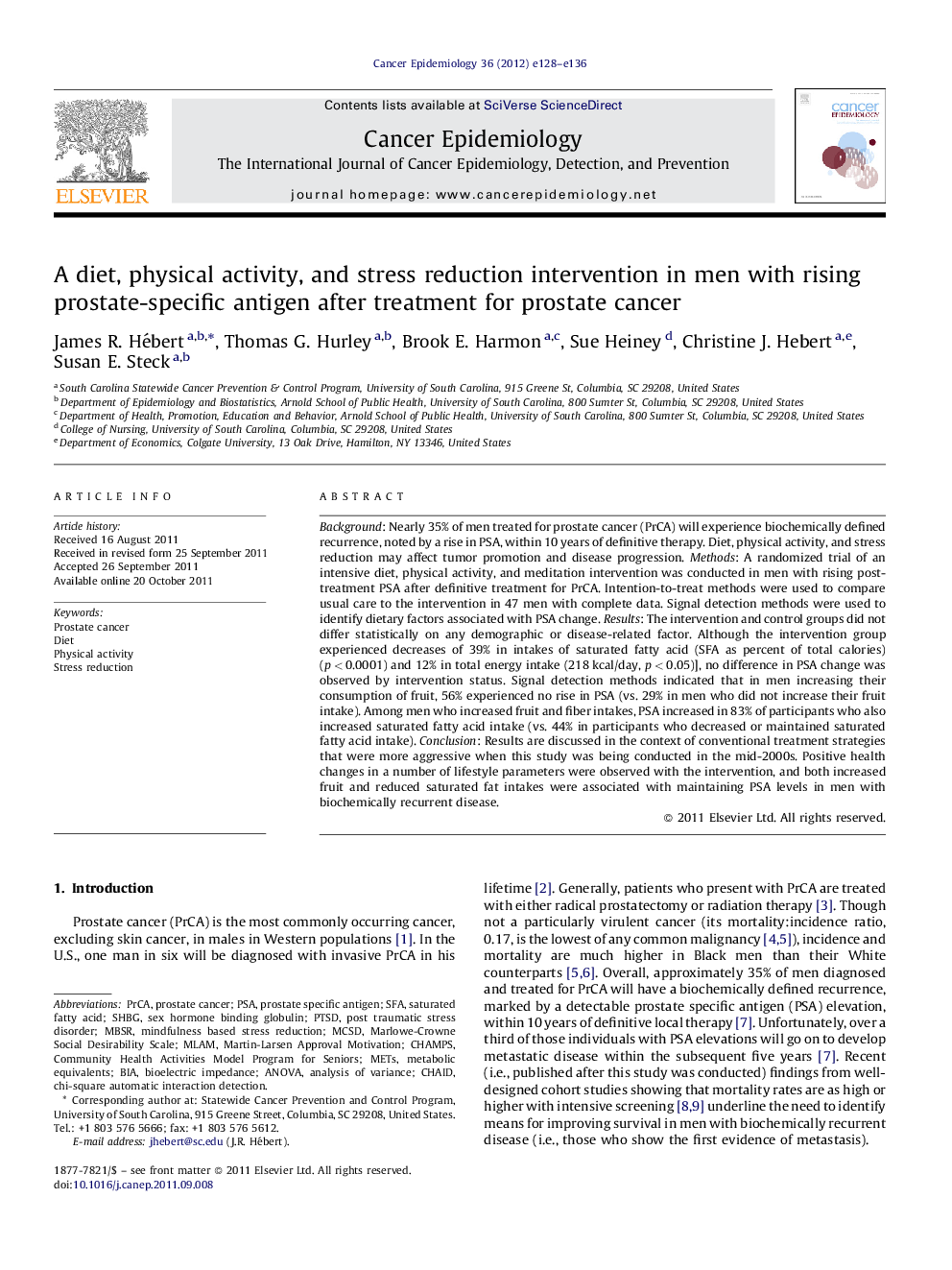 A diet, physical activity, and stress reduction intervention in men with rising prostate-specific antigen after treatment for prostate cancer