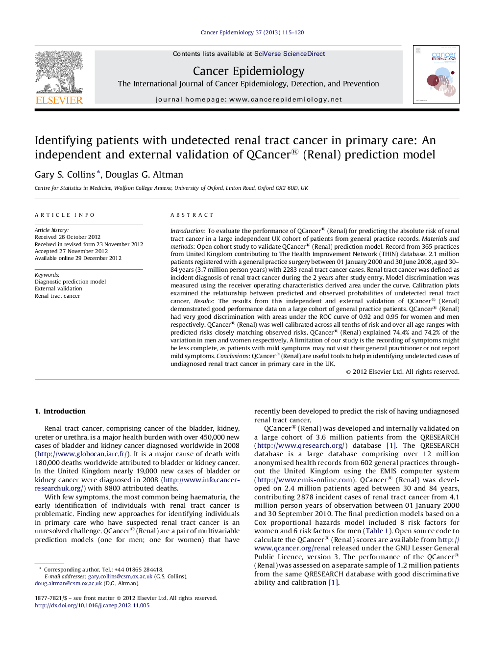 Identifying patients with undetected renal tract cancer in primary care: An independent and external validation of QCancer® (Renal) prediction model