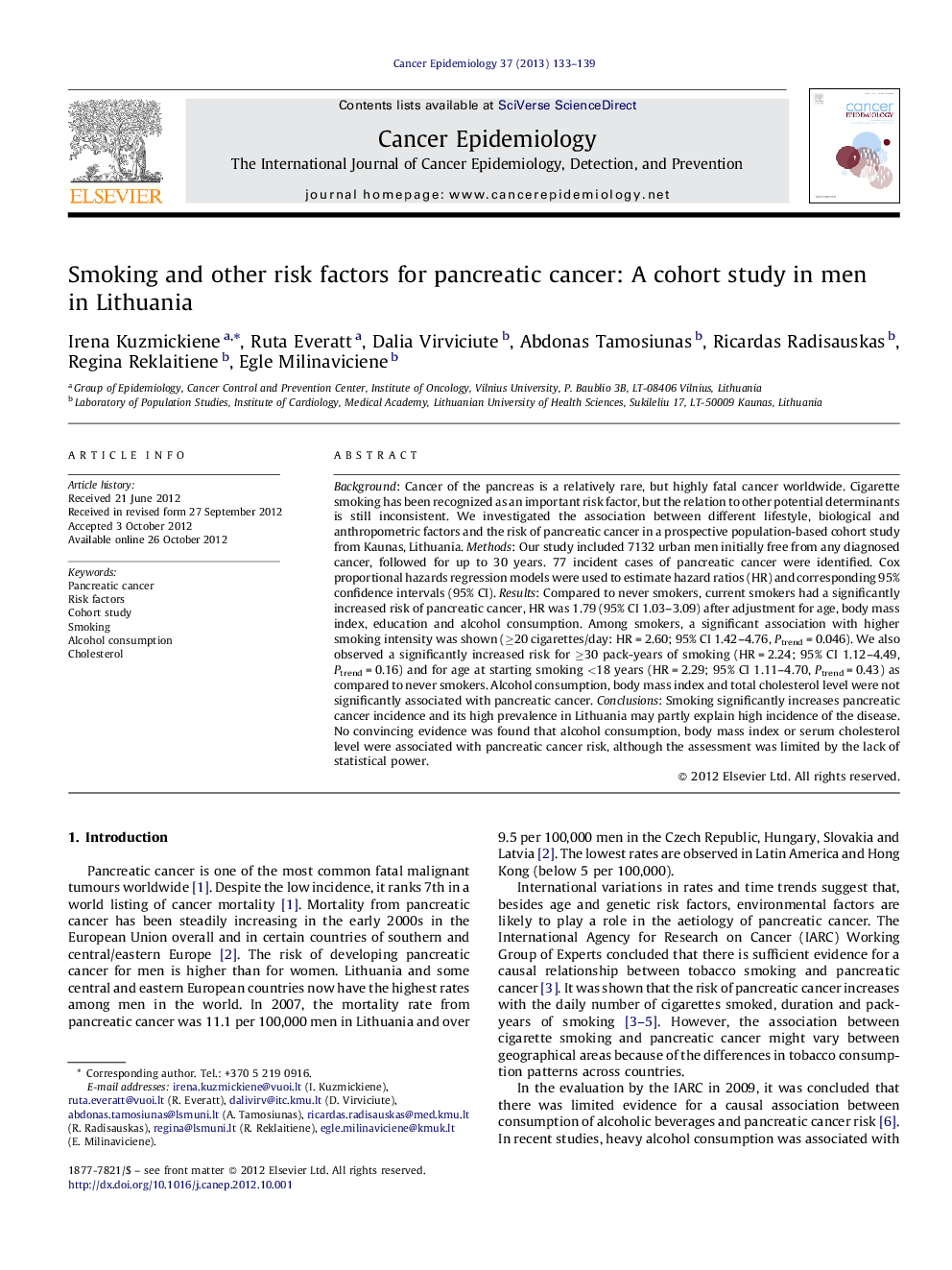 Smoking and other risk factors for pancreatic cancer: A cohort study in men in Lithuania