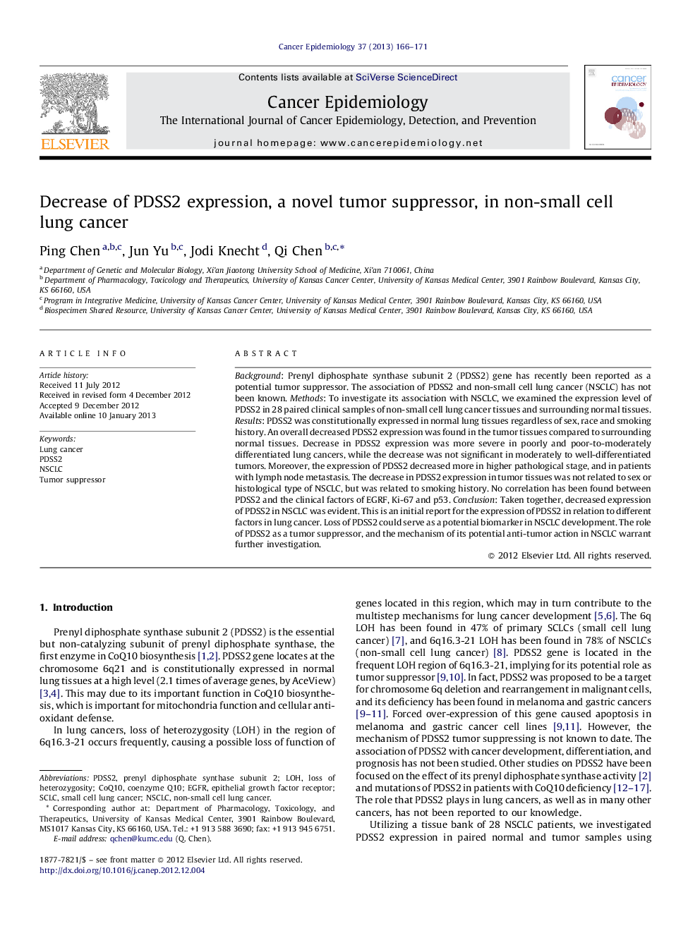 Decrease of PDSS2 expression, a novel tumor suppressor, in non-small cell lung cancer