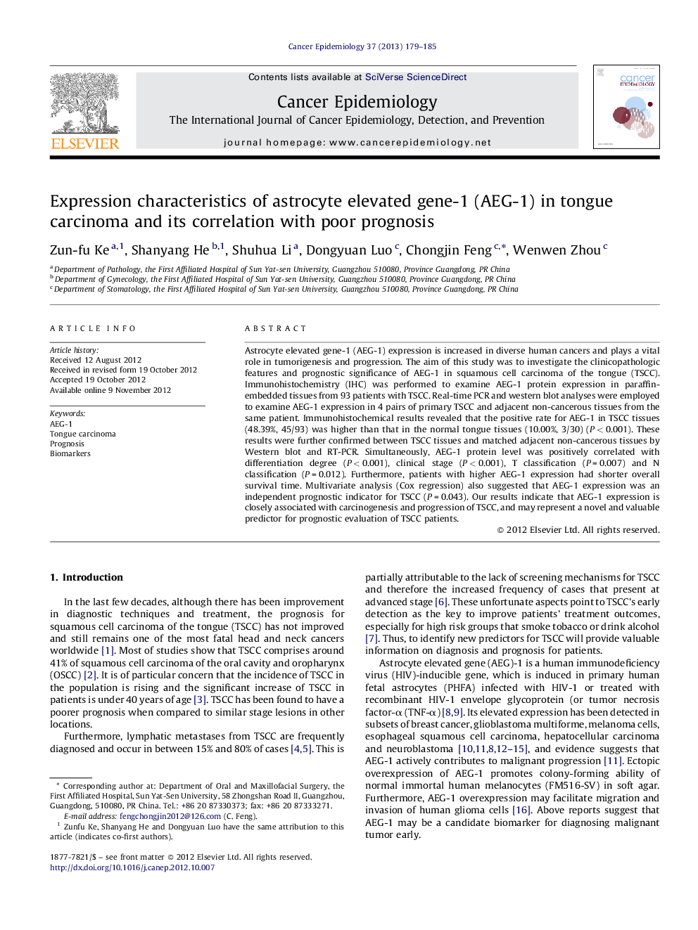 Expression characteristics of astrocyte elevated gene-1 (AEG-1) in tongue carcinoma and its correlation with poor prognosis