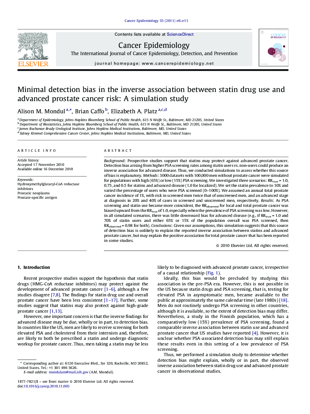 Minimal detection bias in the inverse association between statin drug use and advanced prostate cancer risk: A simulation study