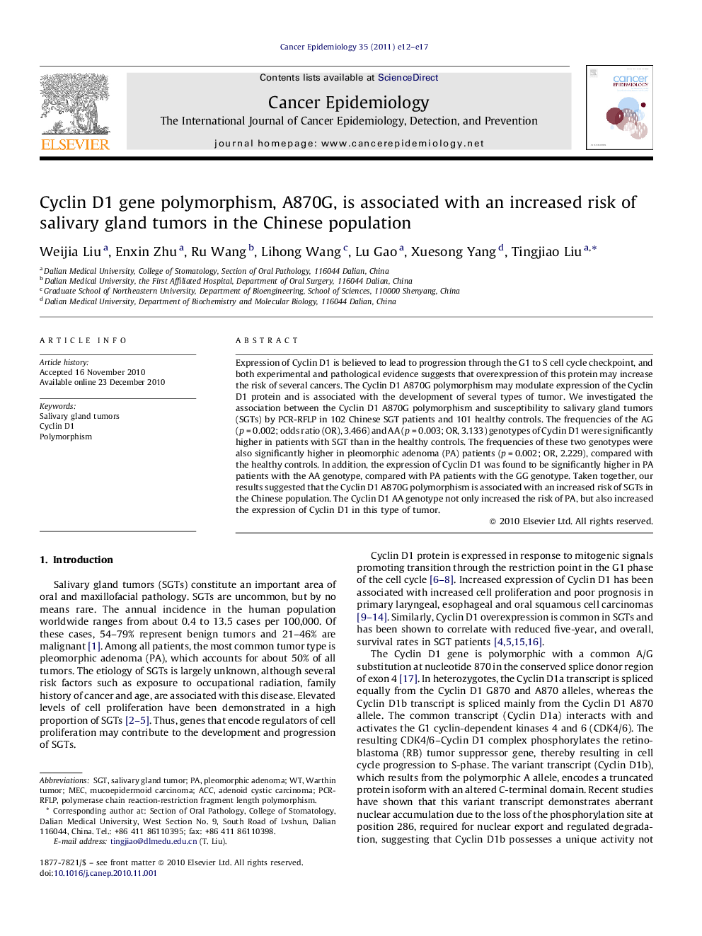 Cyclin D1 gene polymorphism, A870G, is associated with an increased risk of salivary gland tumors in the Chinese population