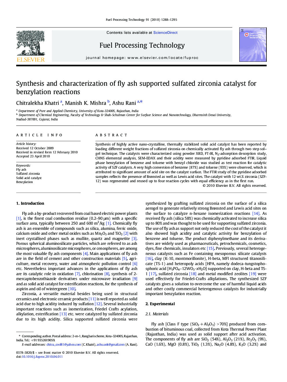 Synthesis and characterization of fly ash supported sulfated zirconia catalyst for benzylation reactions