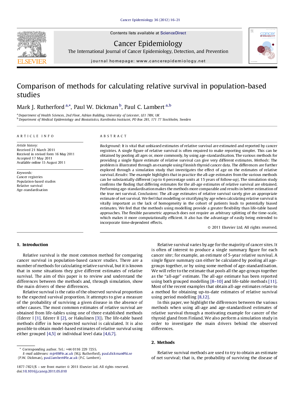 Comparison of methods for calculating relative survival in population-based studies