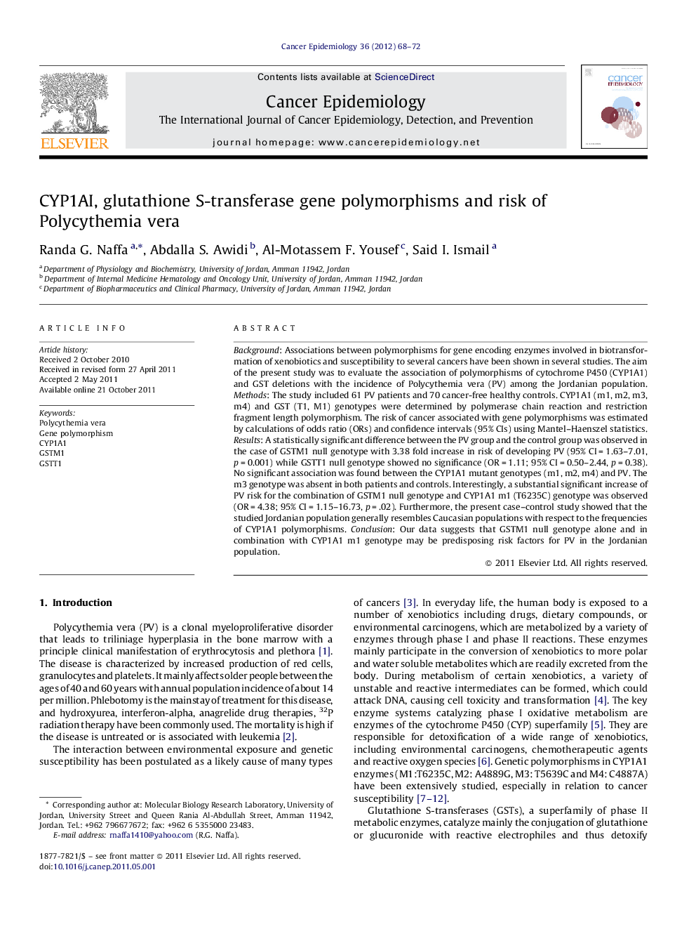 CYP1AI, glutathione S-transferase gene polymorphisms and risk of Polycythemia vera