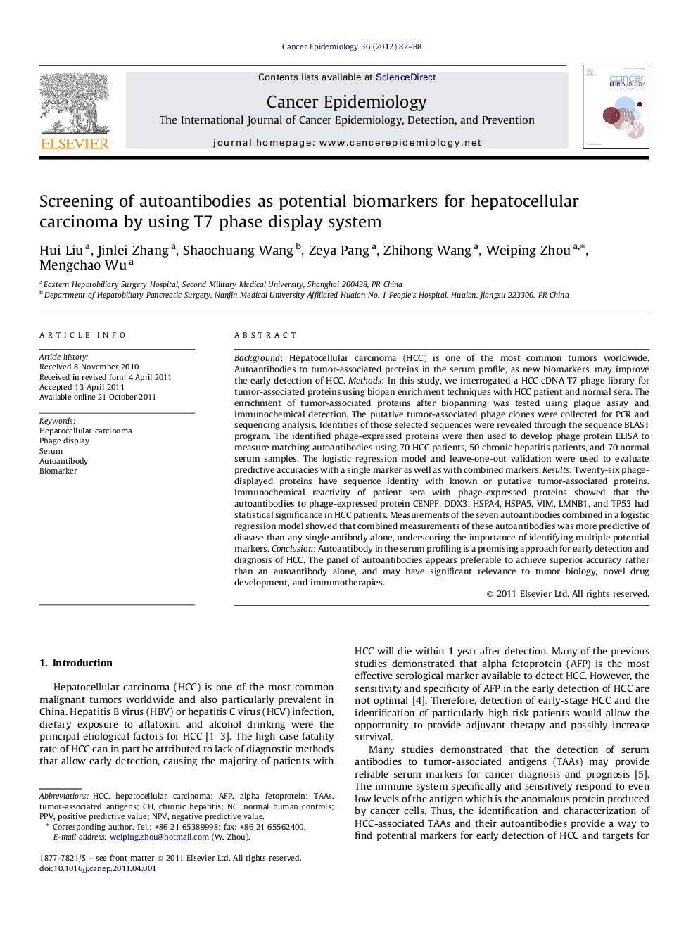 Screening of autoantibodies as potential biomarkers for hepatocellular carcinoma by using T7 phase display system