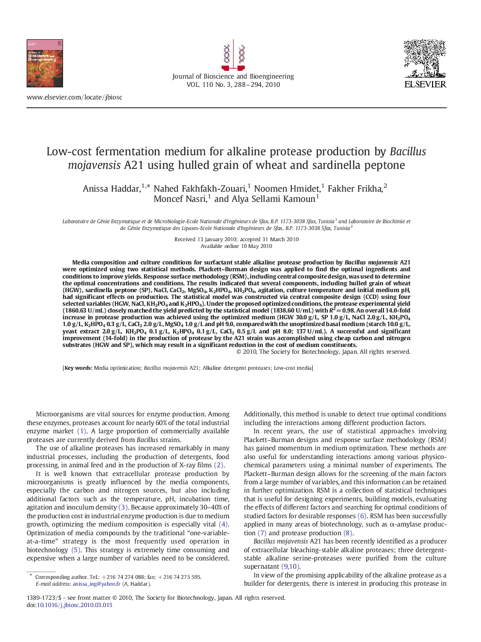 Low-cost fermentation medium for alkaline protease production by Bacillus mojavensis A21 using hulled grain of wheat and sardinella peptone