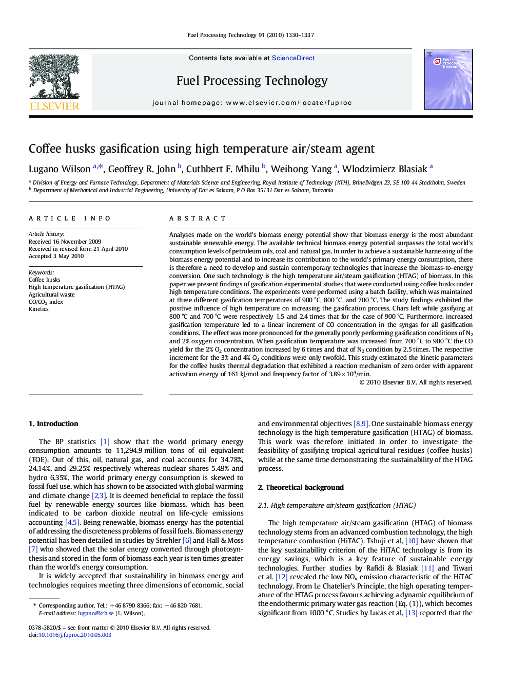 Coffee husks gasification using high temperature air/steam agent