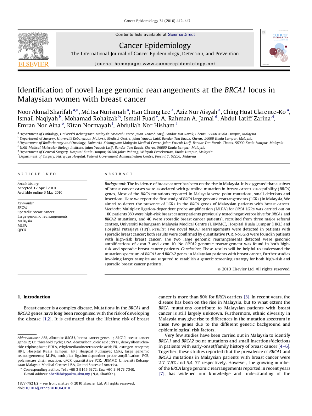 Identification of novel large genomic rearrangements at the BRCA1 locus in Malaysian women with breast cancer