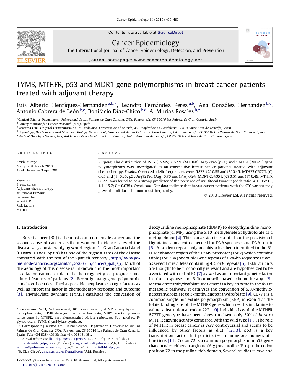 TYMS, MTHFR, p53 and MDR1 gene polymorphisms in breast cancer patients treated with adjuvant therapy