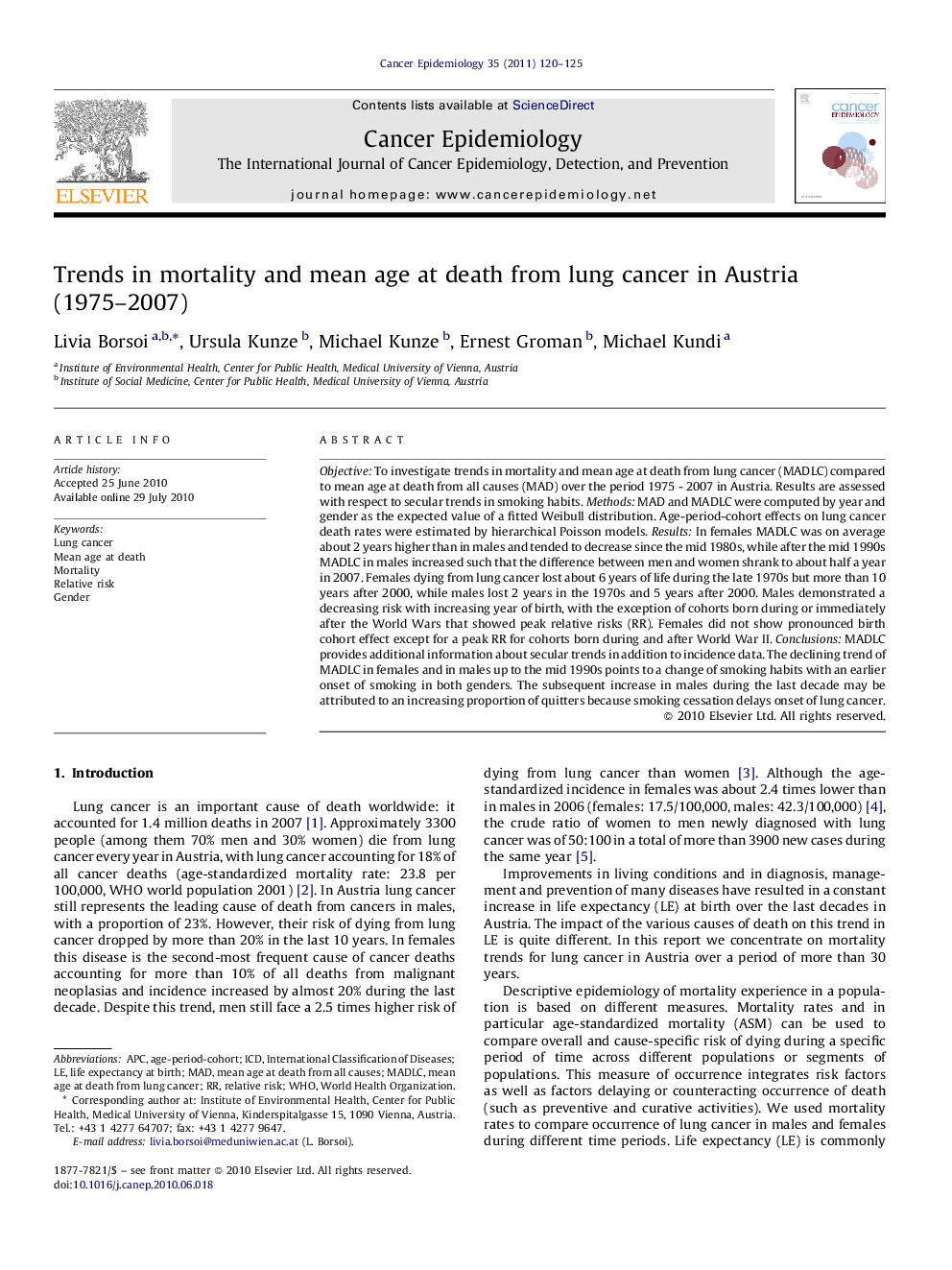 Trends in mortality and mean age at death from lung cancer in Austria (1975–2007)