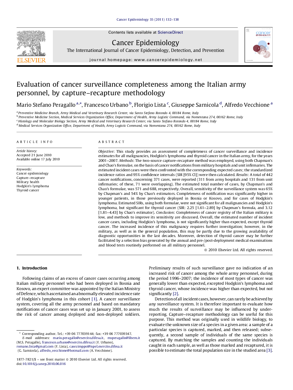 Evaluation of cancer surveillance completeness among the Italian army personnel, by capture–recapture methodology