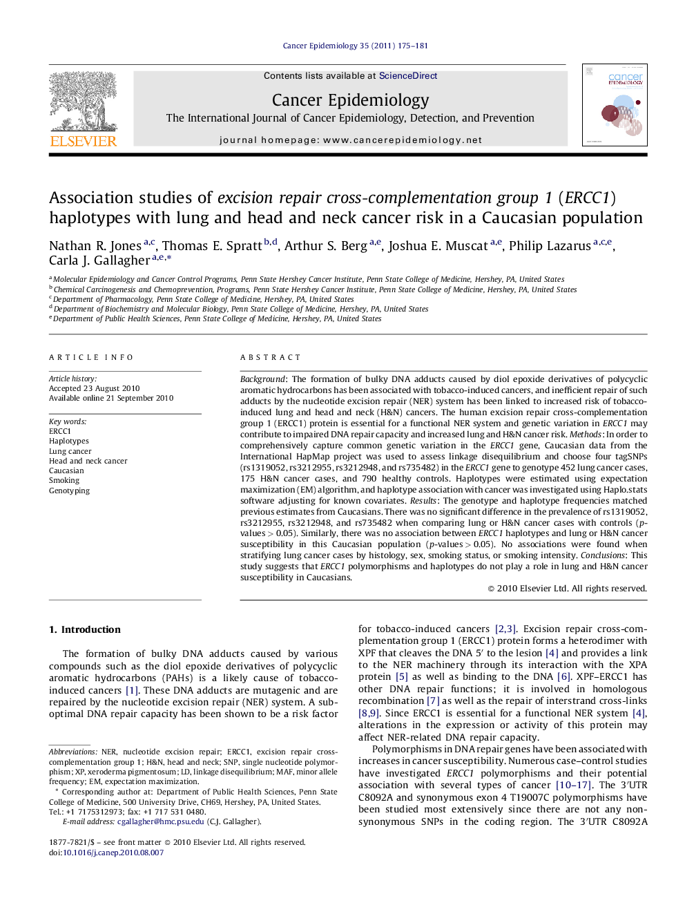 Association studies of excision repair cross-complementation group 1 (ERCC1) haplotypes with lung and head and neck cancer risk in a Caucasian population