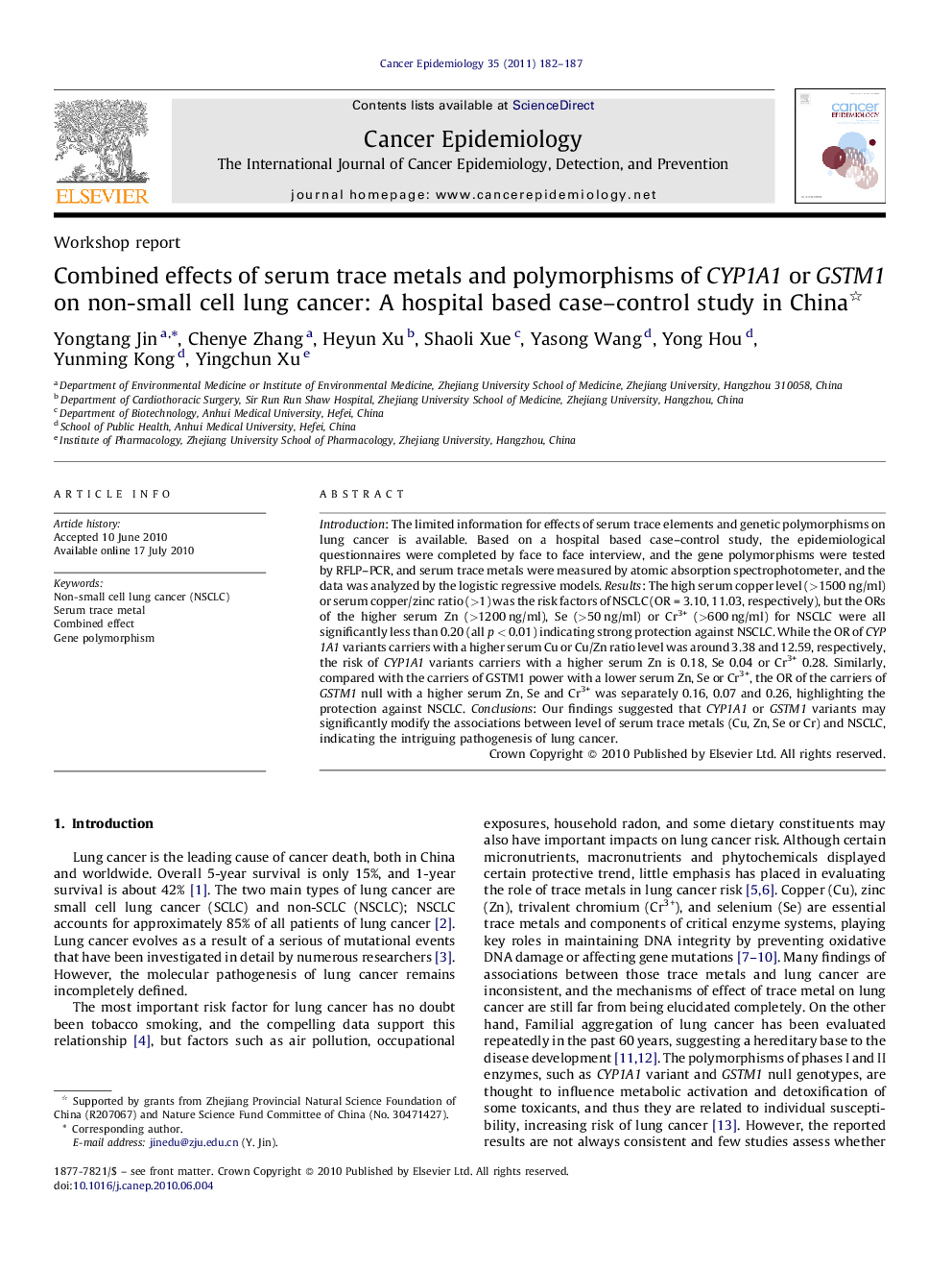 عکس صفحه اول مقاله: Combined effects of serum trace metals and polymorphisms of CYP1A1 or GSTM1 on non-small cell lung cancer: A hospital based case-control study in China Combined effects of serum trace metals and polymorphisms of CYP1A1 or GSTM1 on non-small cell lung cancer: A hospital based case-control study in China