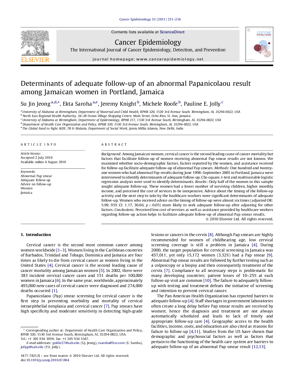 Determinants of adequate follow-up of an abnormal Papanicolaou result among Jamaican women in Portland, Jamaica