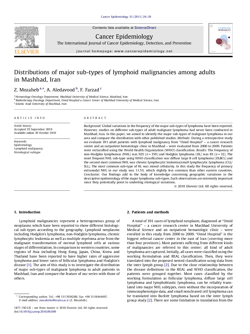 Distributions of major sub-types of lymphoid malignancies among adults in Mashhad, Iran