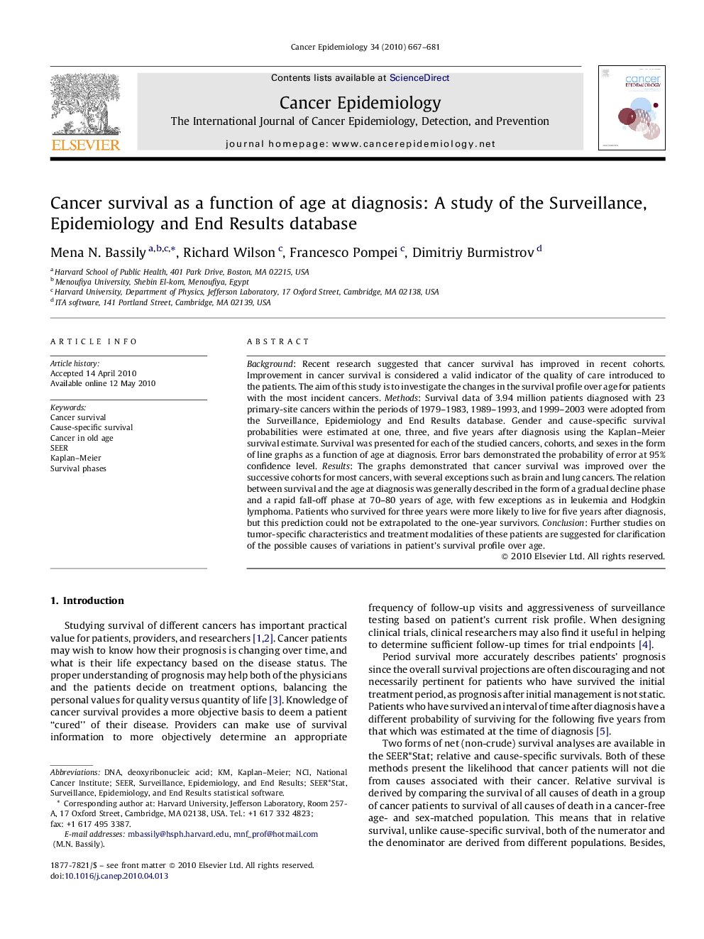 Cancer survival as a function of age at diagnosis: A study of the Surveillance, Epidemiology and End Results database