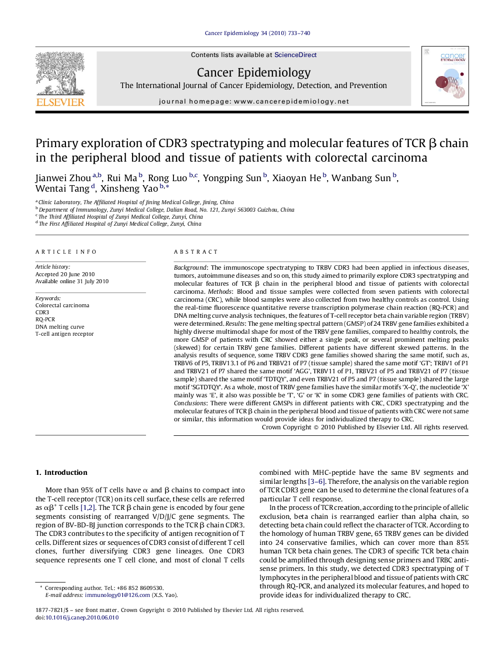 Primary exploration of CDR3 spectratyping and molecular features of TCR β chain in the peripheral blood and tissue of patients with colorectal carcinoma