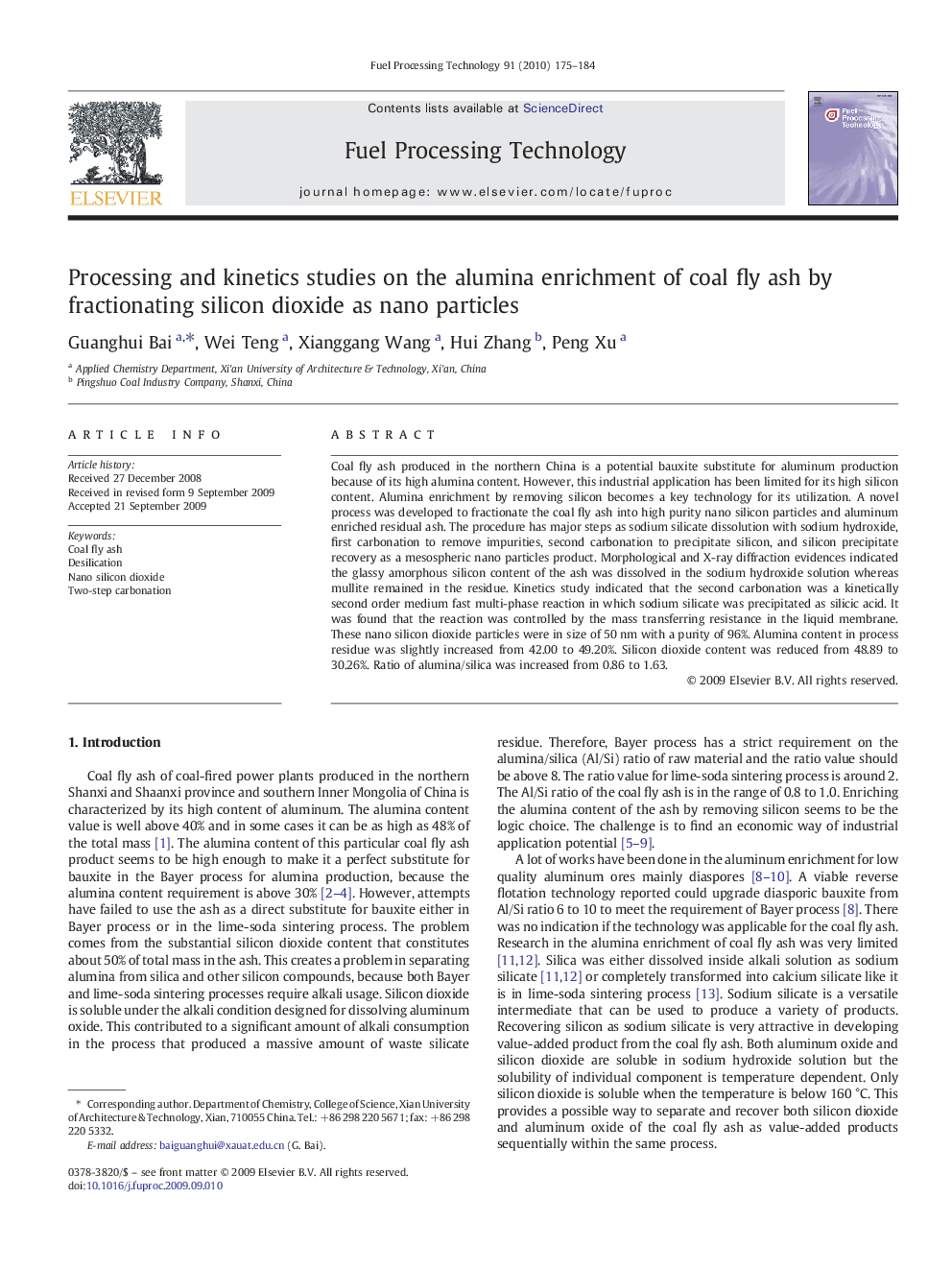 Processing and kinetics studies on the alumina enrichment of coal fly ash by fractionating silicon dioxide as nano particles