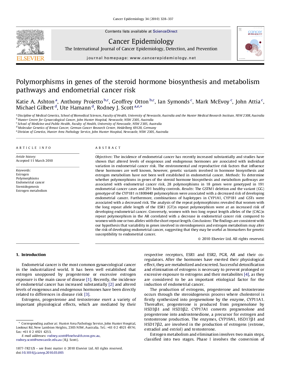 Polymorphisms in genes of the steroid hormone biosynthesis and metabolism pathways and endometrial cancer risk