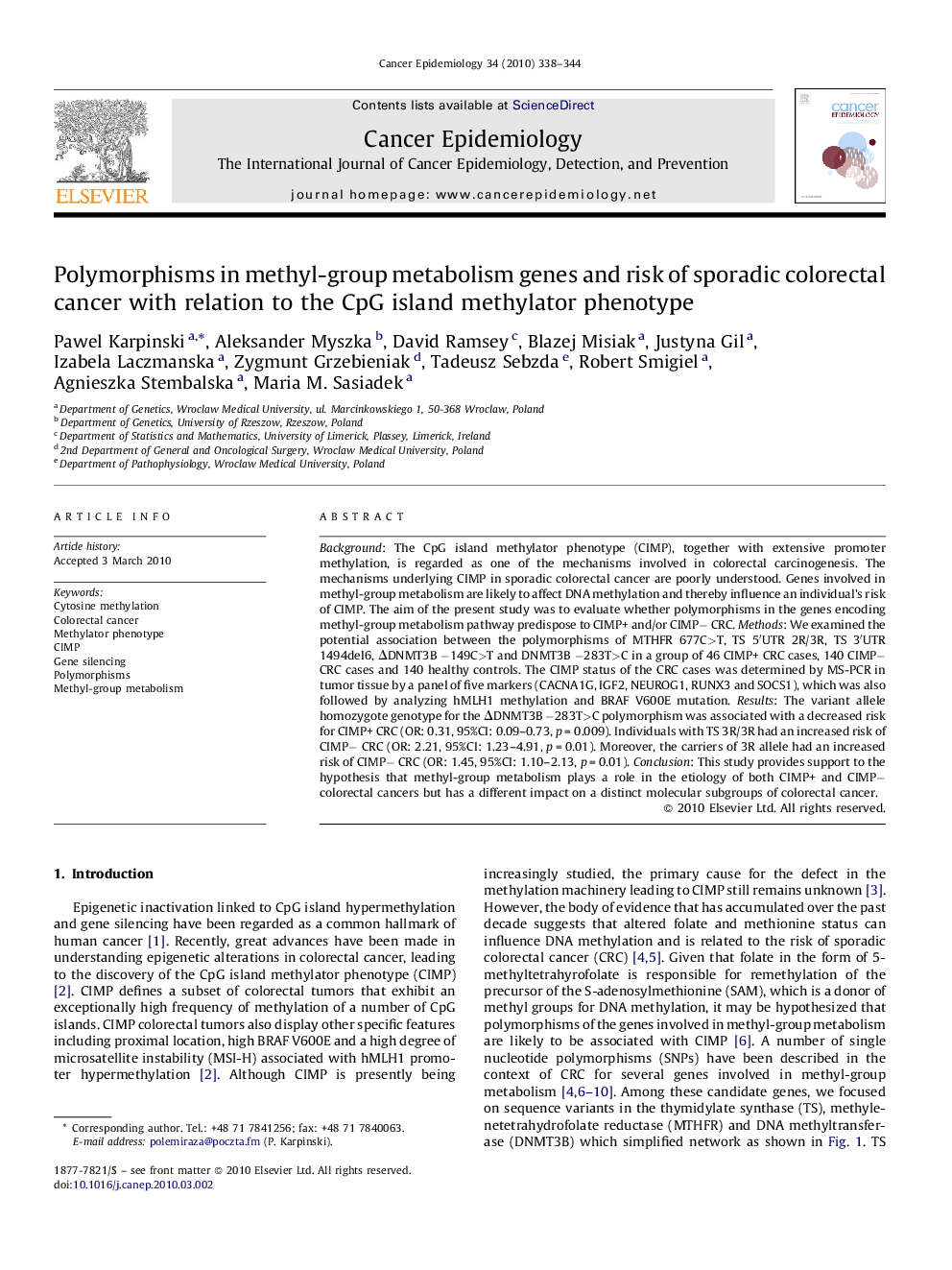 Polymorphisms in methyl-group metabolism genes and risk of sporadic colorectal cancer with relation to the CpG island methylator phenotype