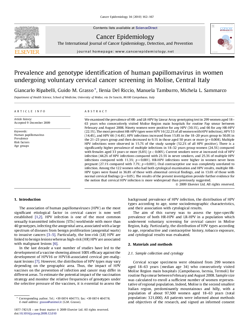 Prevalence and genotype identification of human papillomavirus in women undergoing voluntary cervical cancer screening in Molise, Central Italy