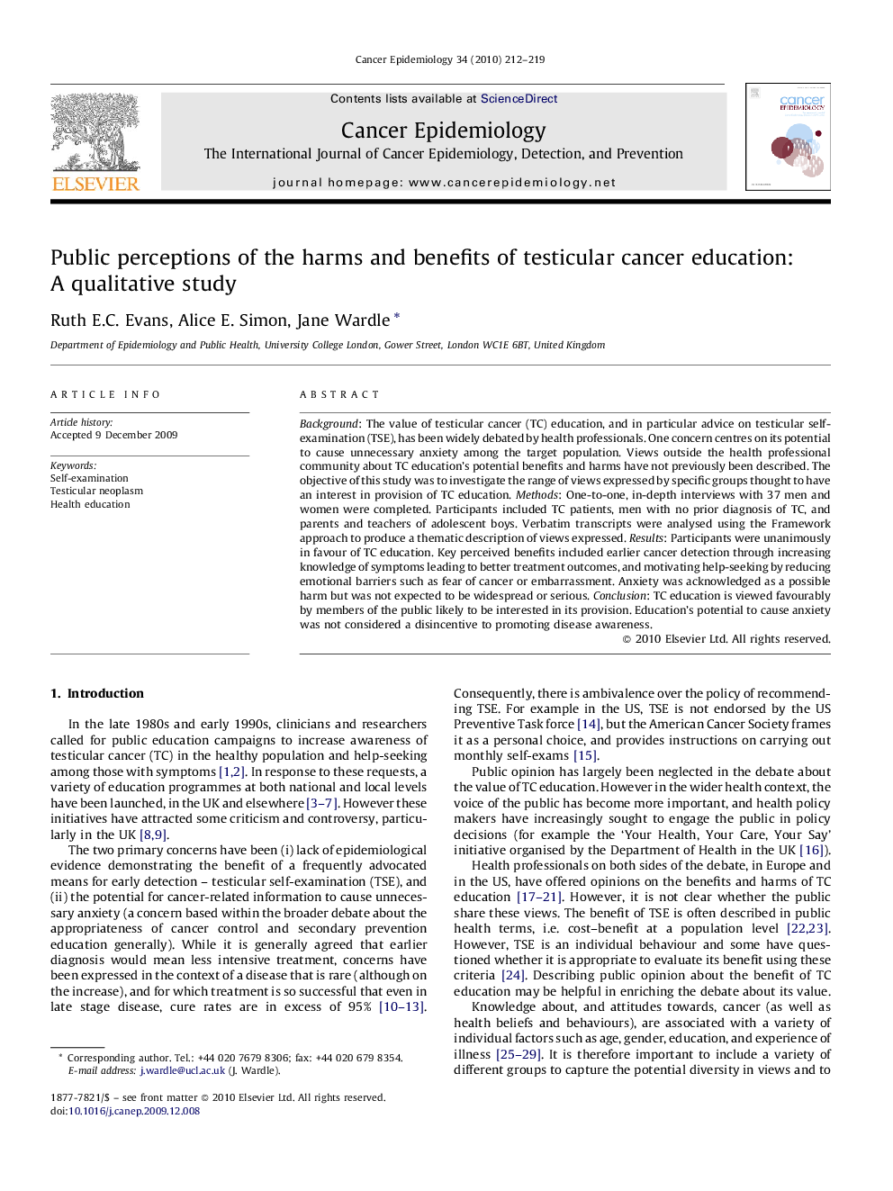 Public perceptions of the harms and benefits of testicular cancer education: A qualitative study