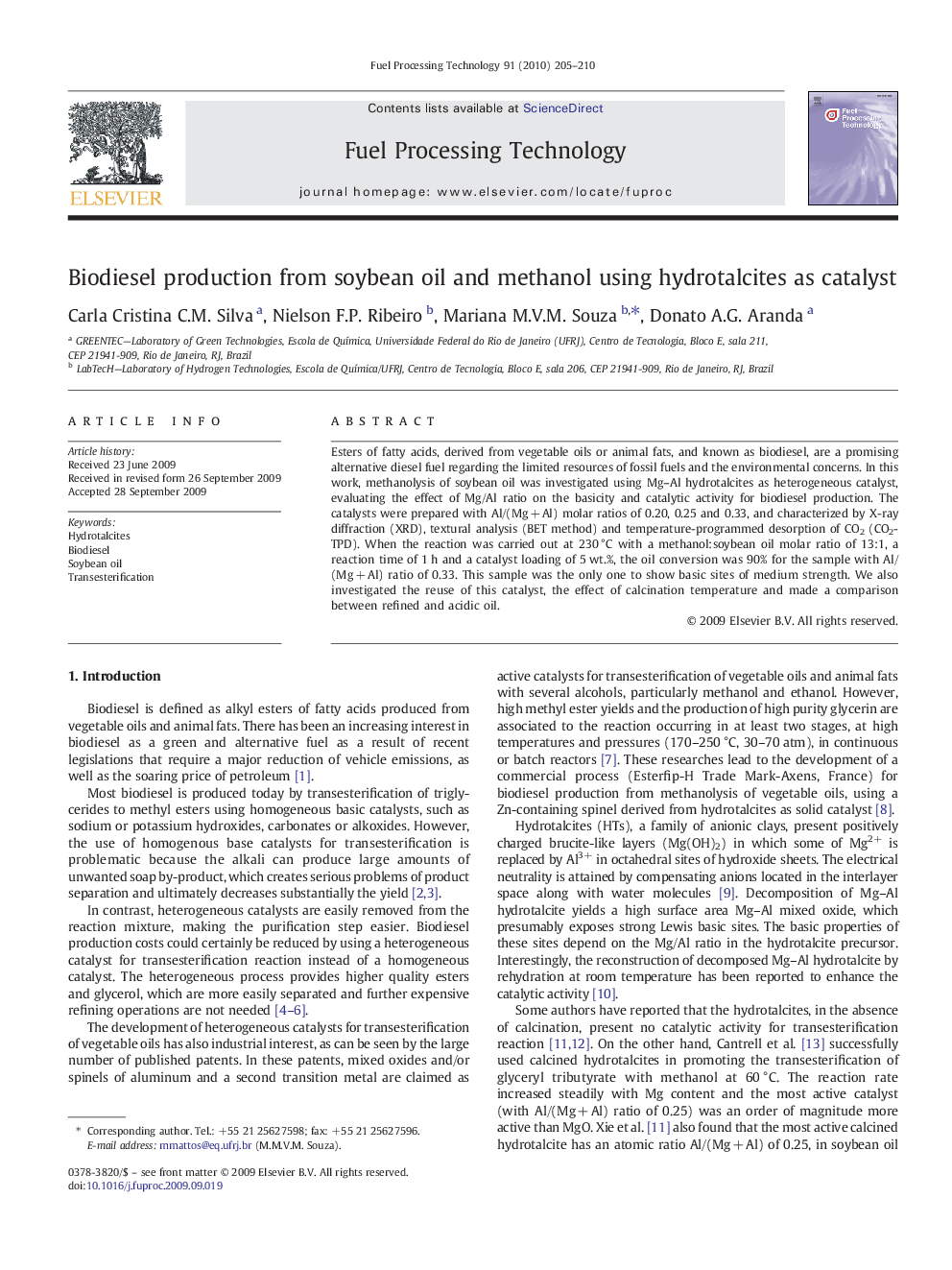 Biodiesel production from soybean oil and methanol using hydrotalcites as catalyst