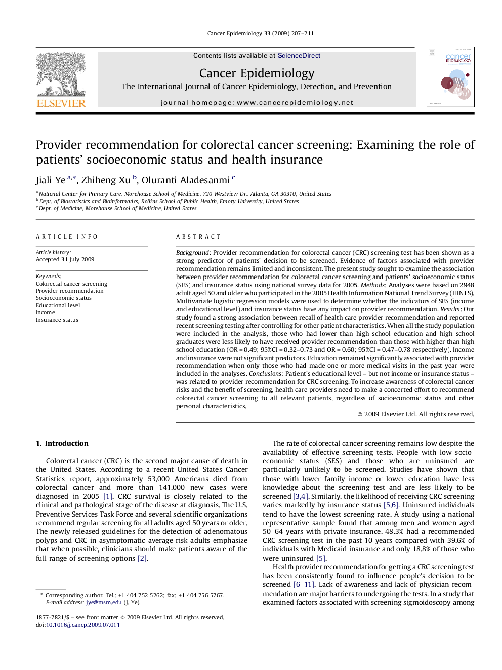 Provider recommendation for colorectal cancer screening: Examining the role of patients’ socioeconomic status and health insurance