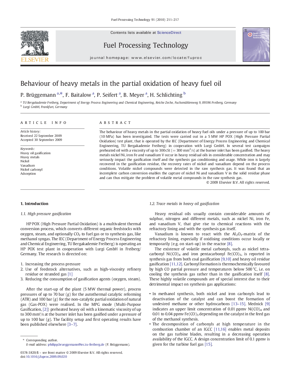 Behaviour of heavy metals in the partial oxidation of heavy fuel oil