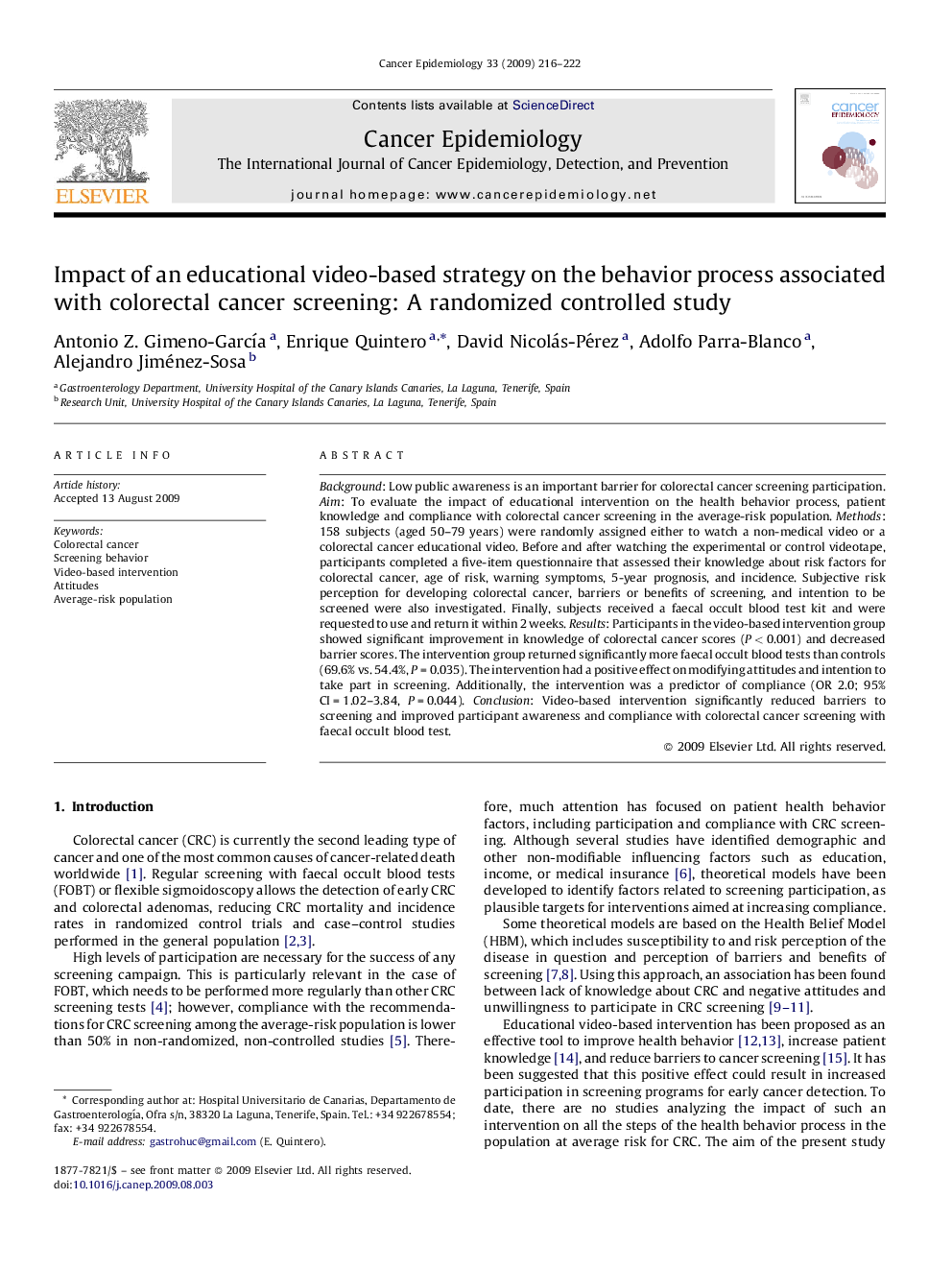 Impact of an educational video-based strategy on the behavior process associated with colorectal cancer screening: A randomized controlled study