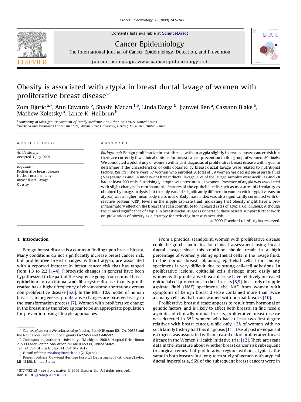 Obesity is associated with atypia in breast ductal lavage of women with proliferative breast disease 