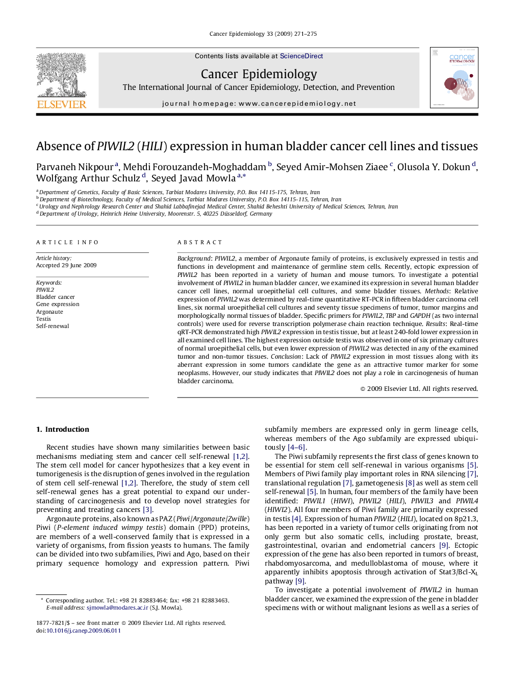 Absence of PIWIL2 (HILI) expression in human bladder cancer cell lines and tissues