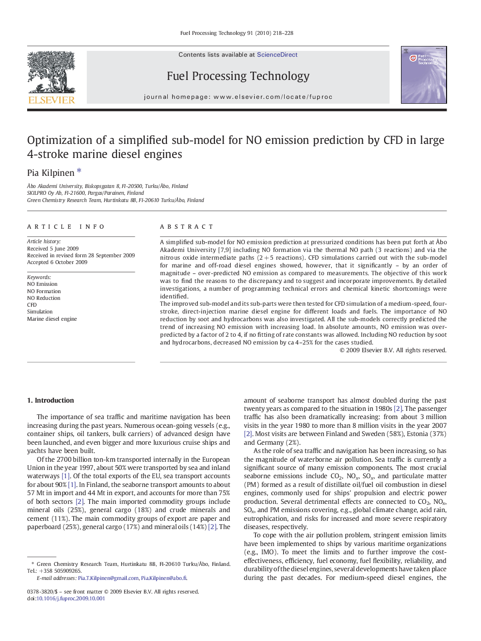 Optimization of a simplified sub-model for NO emission prediction by CFD in large 4-stroke marine diesel engines