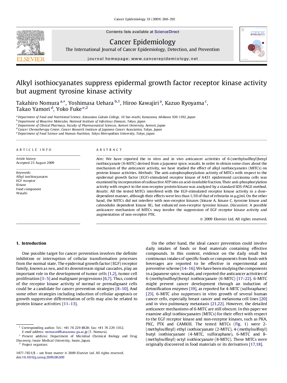 عکس صفحه اول مقاله: Alkyl isothiocyanates suppress epidermal growth factor receptor kinase activity but augment tyrosine kinase activity Alkyl isothiocyanates suppress epidermal growth factor receptor kinase activity but augment tyrosine kinase activity
