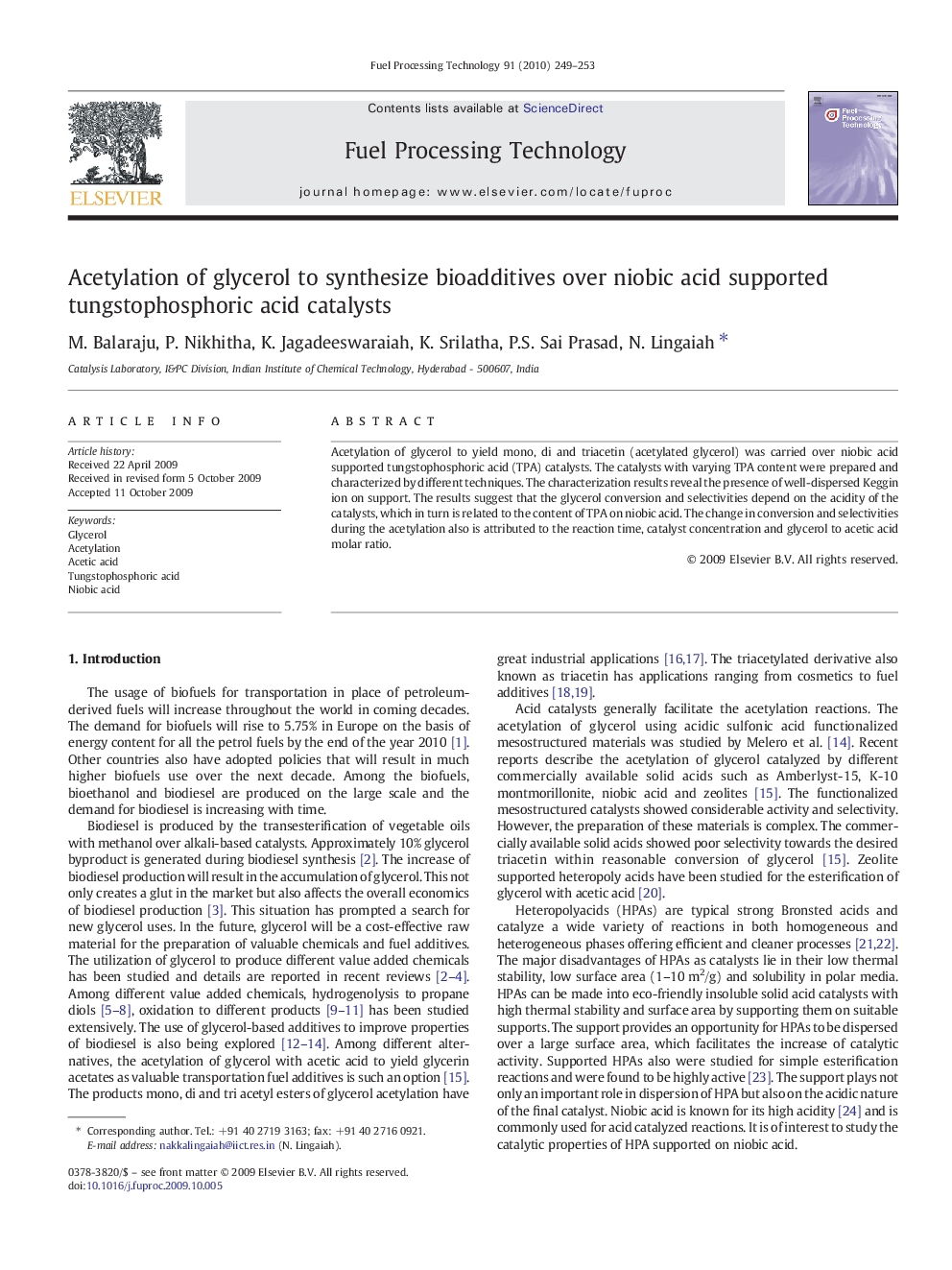 Acetylation of glycerol to synthesize bioadditives over niobic acid supported tungstophosphoric acid catalysts