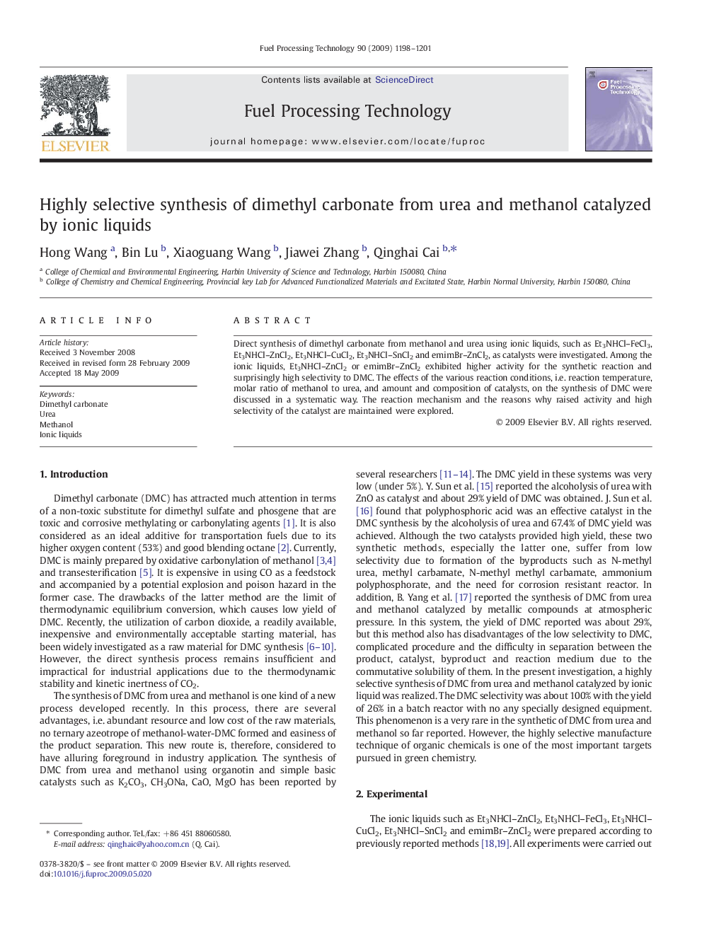 Highly selective synthesis of dimethyl carbonate from urea and methanol catalyzed by ionic liquids